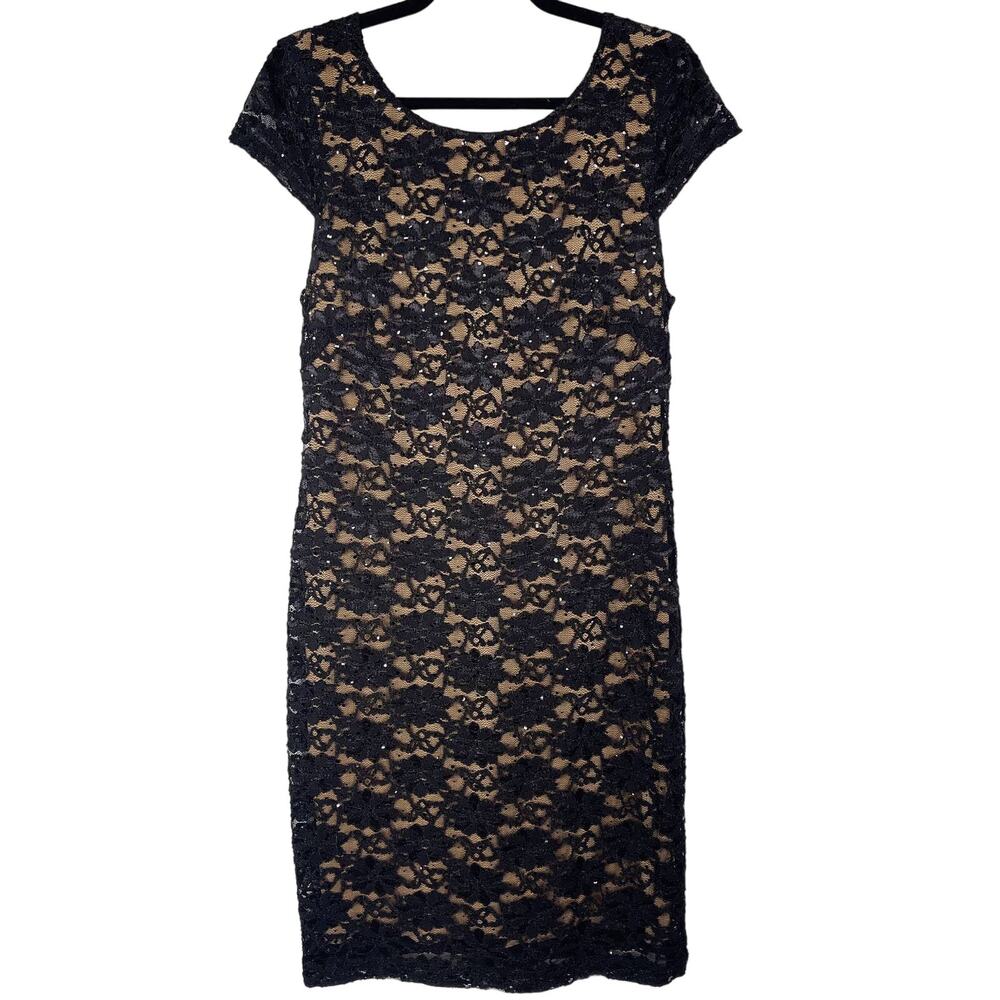 Connected Apparel 10 Black Illusion Lace Nude Cowl Back Sheath Cocktail Dress